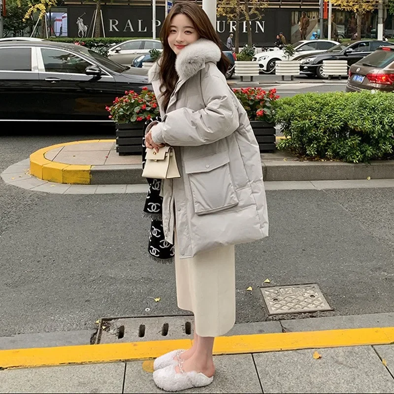 Fashion Solid Color Long Sleeve Hooded Collar Women's Down Jacket 2023 Winter Korean Style Slimming Casual Loose Down Jacket
