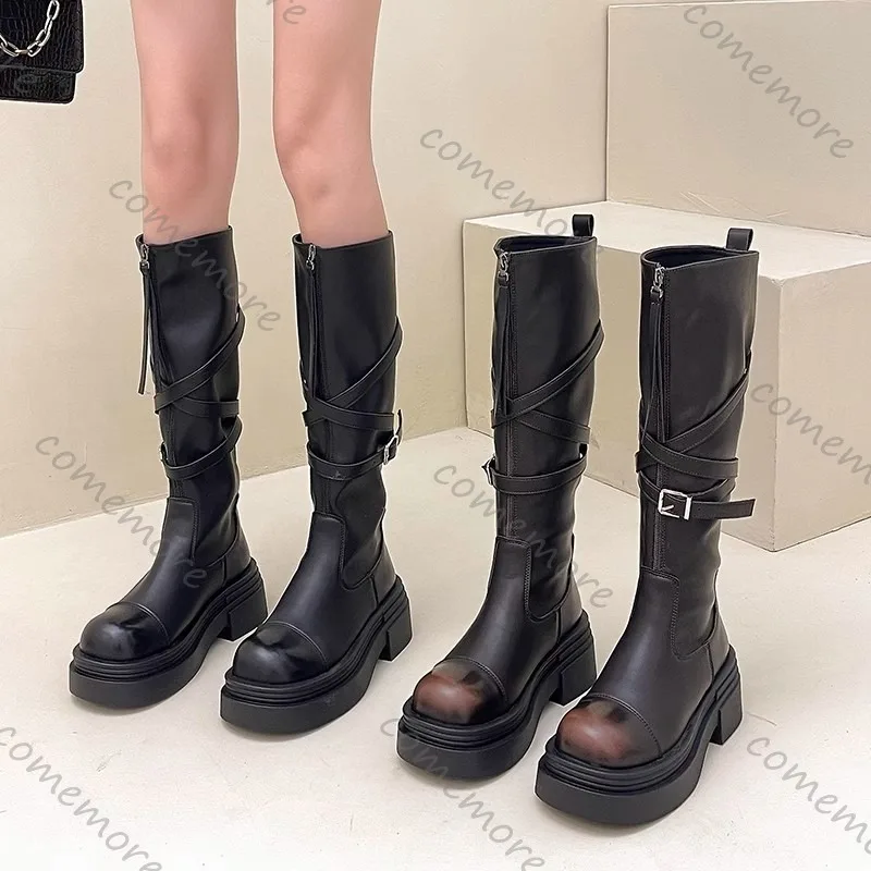 

Comemore Сапоги до колена с пряжкой на ремне, молния спереди, осень-зима, женская обувь на толстом высоком каблуке, кожаная обувь на платформе с круглым носком, длинные боты