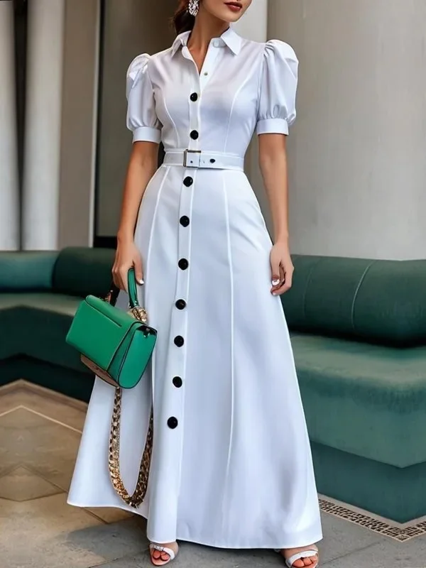 

Tinaa Womens Summer Elegant Dress 2025 New Fashion Short Sleeve Woman Casual Long White Dresses with Belt Simple Clothing