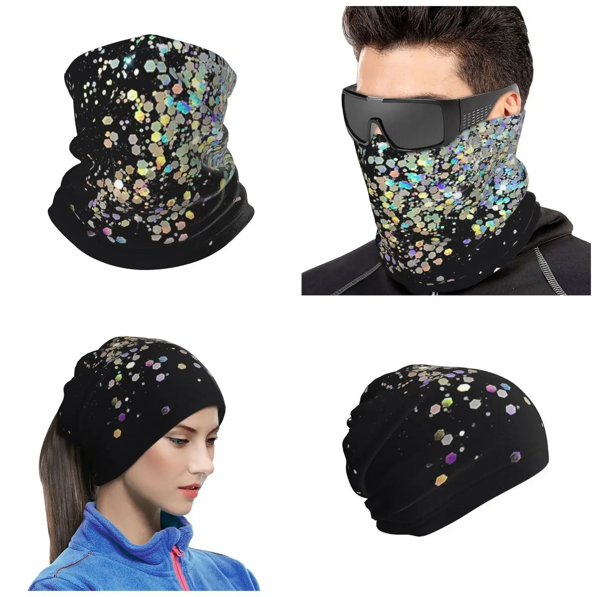 Black And Holographic Sparkle Bandana Neck Cover Printed Wrap Scarf Warm Cycling Scarf For Men Women Adult All Season