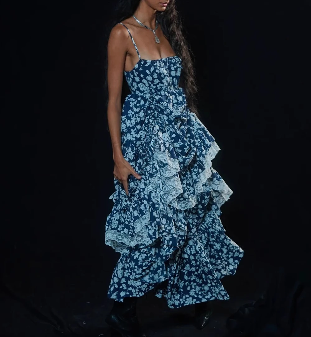 Floral impresso em camadas babados elegante vestido feminino sem mangas amarrado roupas de espaguete senhora streetwear chique vestidos bodycon