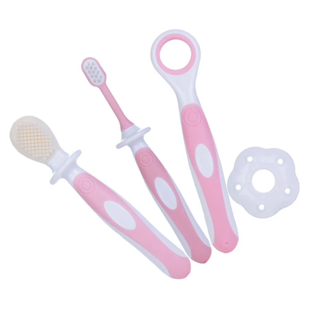 

Ultra Soft Baby Toothbrush Set Pink Infant Oral Care Silicone Bristles Gentle Training Brush Cleaner Combo