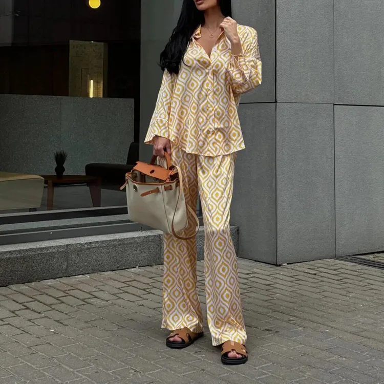 

Fashion Loose Print 2 Piece Sets Woman Outfit Elegant Long Sleeve Blouse With High Waist Pants Set Female Streetwear