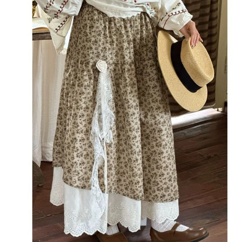 Vintage Mori Girl Style Lace Ruffle Floral Print Long Skirt Aesthetic Loose Spring Autumn A-Line High Waist Maxi Skirt for Women