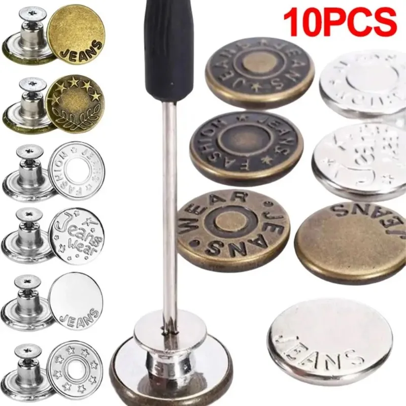 Pacote com 10 Botões para Jeans com Chave de Fenda, Acessórios de Costura para Calças, Fivela de Cintura 17mm, Botão Extensor de Cintura Sem Furo