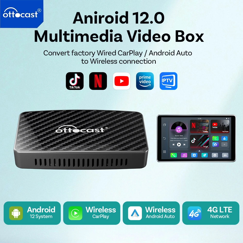 OTTOCAST Play2 Video Pro Adaptador de Carplay sem fios para Android Auto Video Ai Box incorporado no Youtube Netflix para carro com Carplay com fios