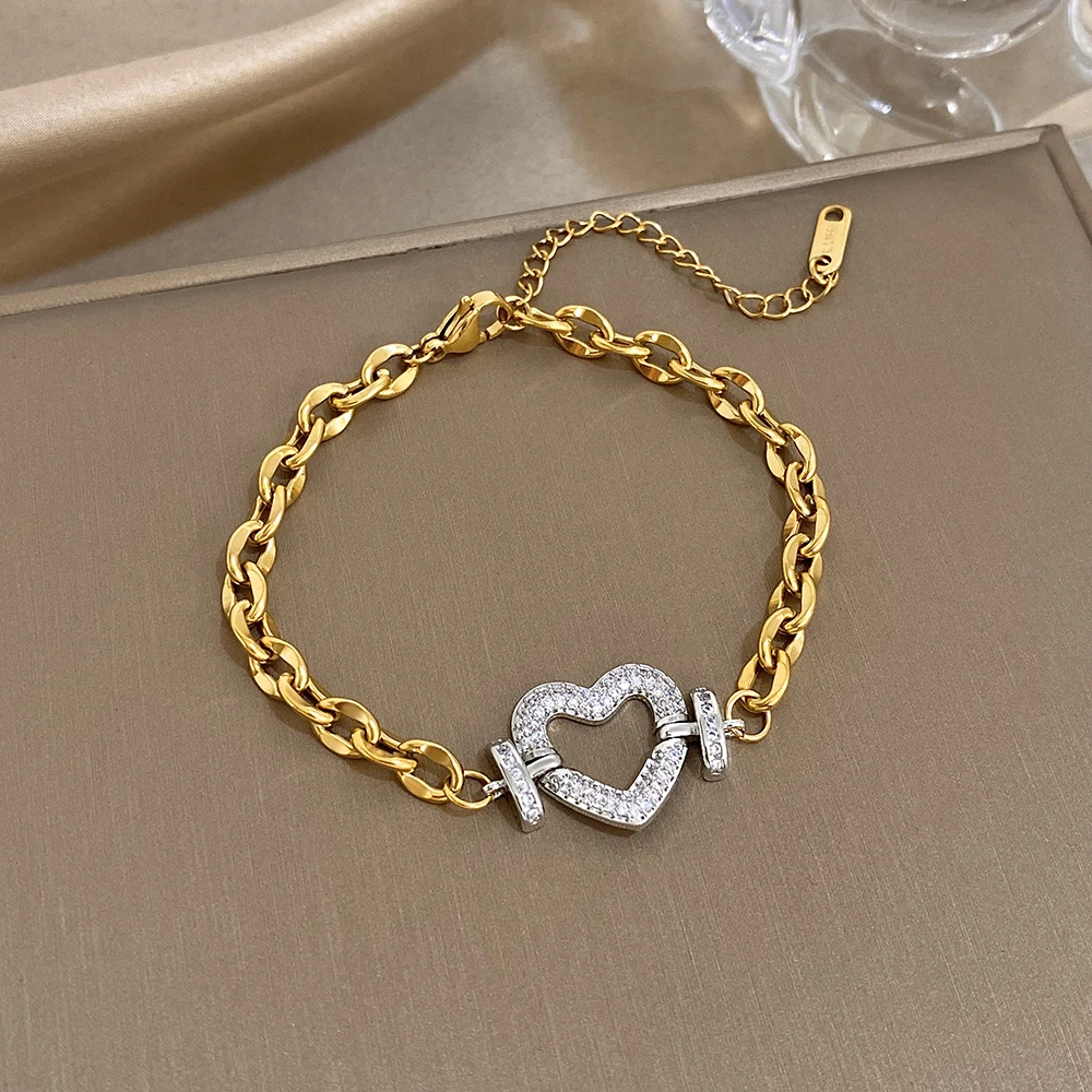 

Freetry Exquisite Rhinestones Heart Stainless Steel Bracelet Women Luxury Gold Color Chunky Chain Bracelet Lady Jewelry Gifts