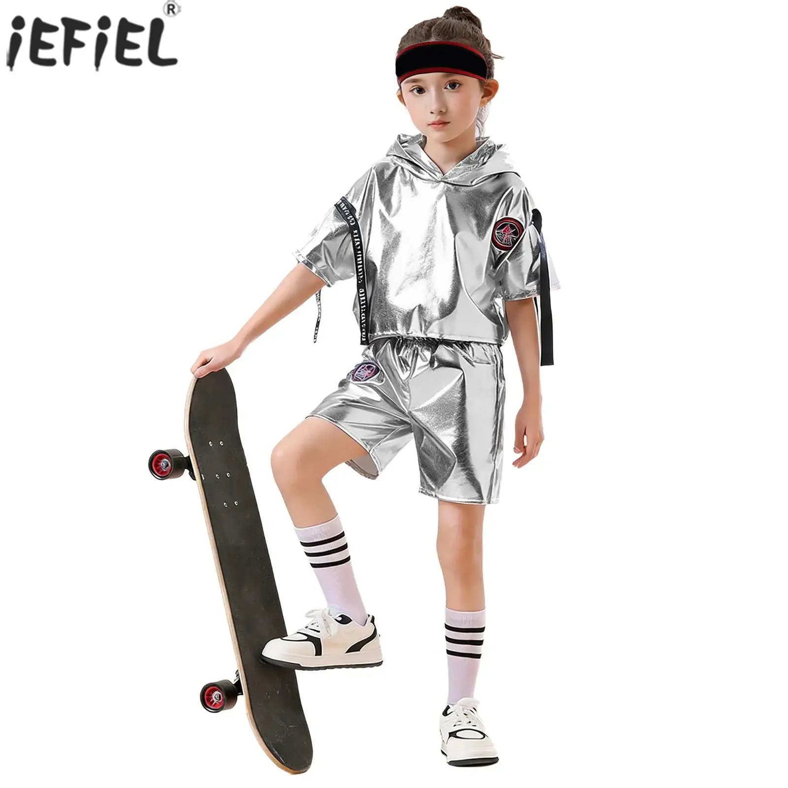 Kids Boys Girls Modern Jazz Hip Hop Street Dance Outfit Metallic Gloss Short Sleeve Hooded Pullover Top with Shorts Stripe Sock
