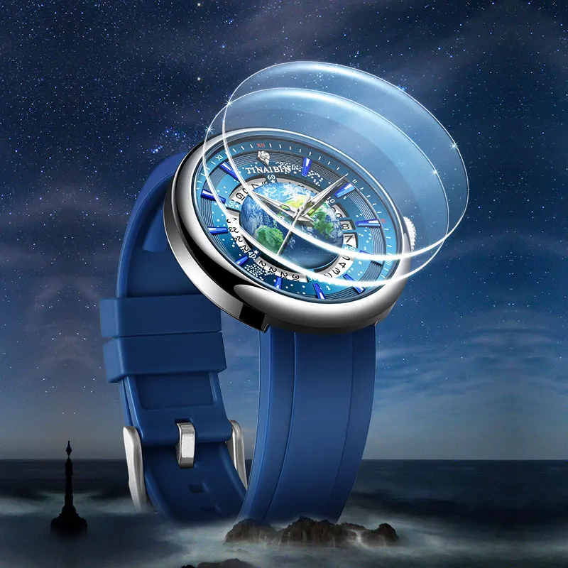 TINAIBIN 2024 New Design Mechanical Man Watch Waterproof Fashion Casual Silicone Strap Earth Watch