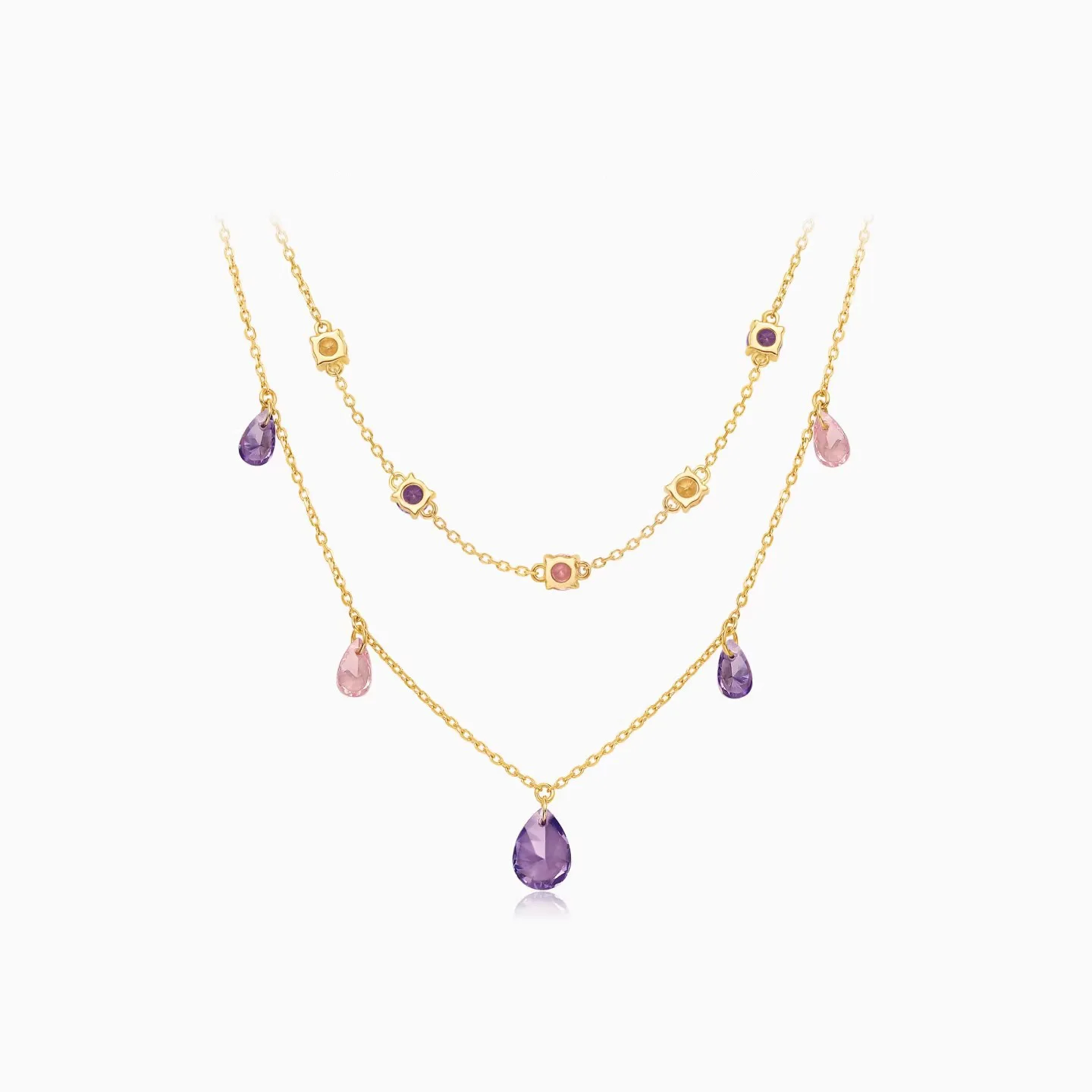 S925 Sterling Silber Halskette mit Amethyst und Zirkon-Anhänger in Tropfenform, Doppellagige Einfache Schlüsselbeinkette für Damen – Detail 3