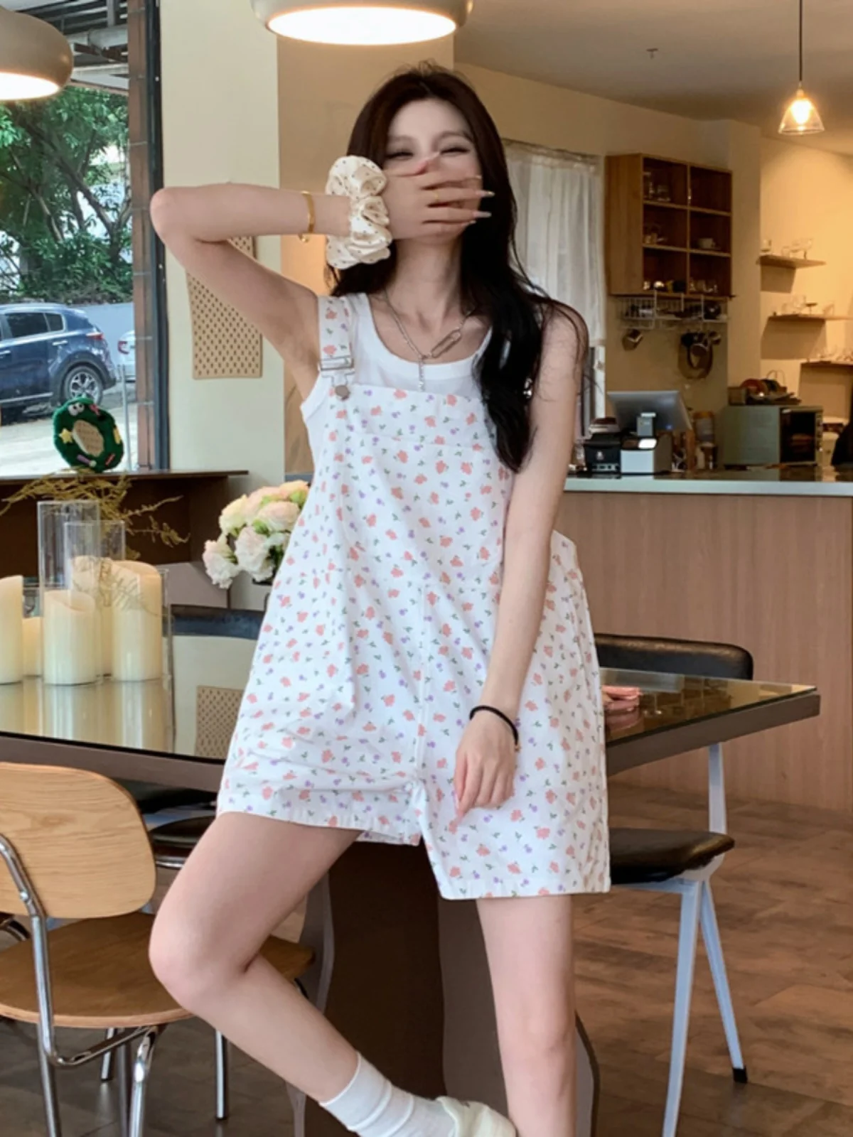 

Летние женские шорты из чистого хлопка с цветочным принтом, свободные, повседневные, с эффектом омоложения, милые, на бретельках, с цветочным узором, с высокой талией, прямого кроя