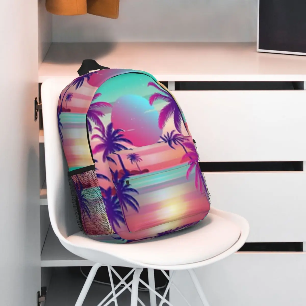 Mochila Leve para Escola, Impressão Padrão Palmeiras, Vaporwave Estético, Elegante, Novo, 15 Polegada