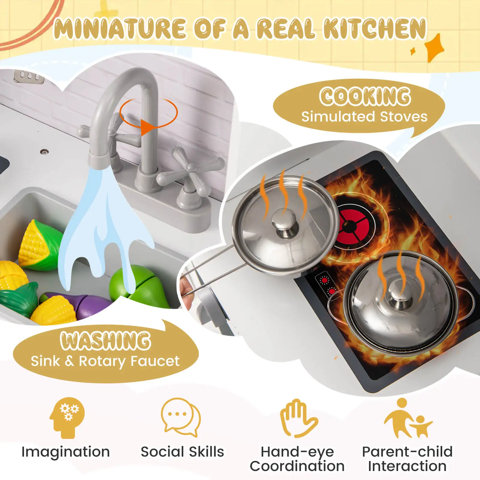 Kids Play Kitchen Toy Set w/ Water Dispenser Sink Faucet Microwave Oven Utensils