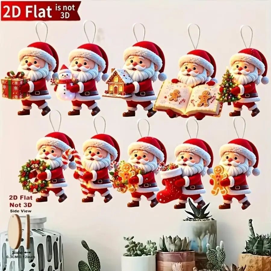 1/5/10/20/50/100pcs 2D Flat, 10-piece set of cute Santa Claus Christmas ornaments for holding gifts, wooden Christmas tree toppe