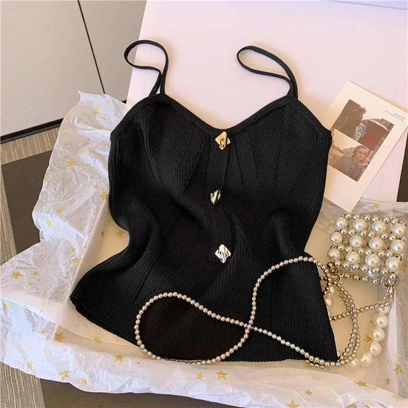 French Style Cross-knit Suspender Women\'s Summer Wear Sexy Beauty Camisole Slim High-end Bottom Bandeau Top Knit Crop Tank