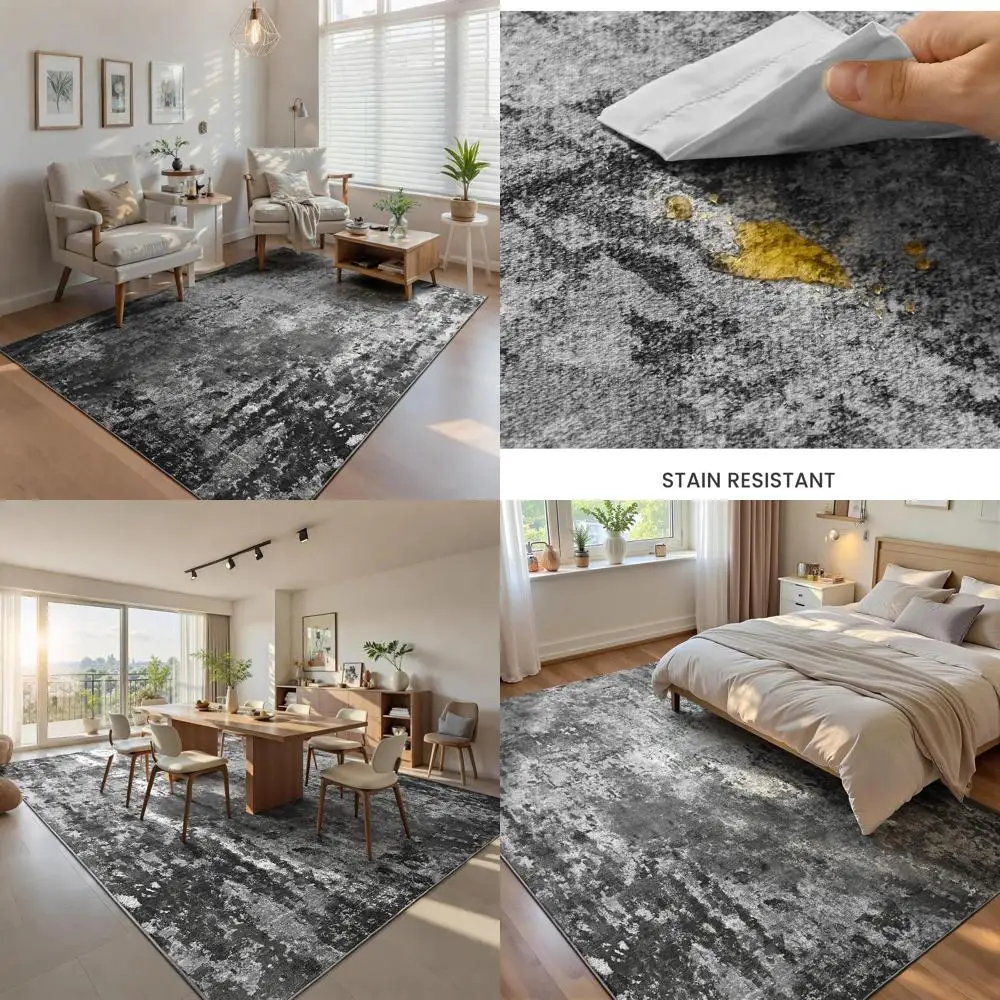 

5x7 Black Boho Area Rug - Machine Washable, Non-Slip, Abstract Design for Living Spaces, Bedrooms, Dorms, and Playrooms