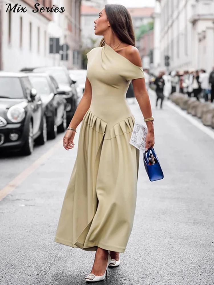 Elegant Off-shoulder Pleated Long Dress Women Skew-collar Short Sleeve Split Dresses 2024 Summer New Female Chic Streetwear Robe