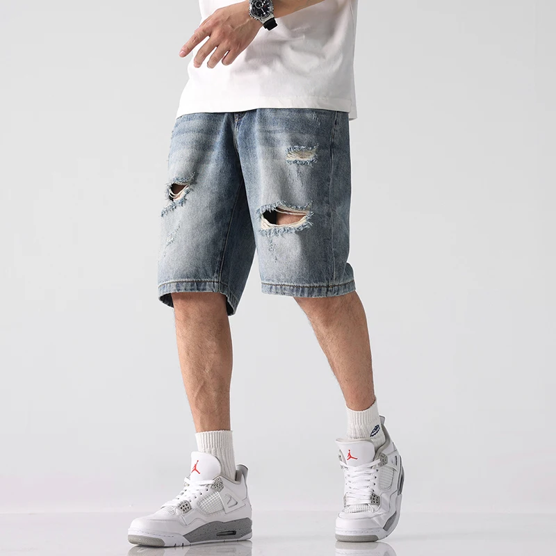 

2025 New Summer Thin Washed Ripped Denim Shorts for Men - Loose Straight Casual Mid-Length Trendy Shorts Jeans