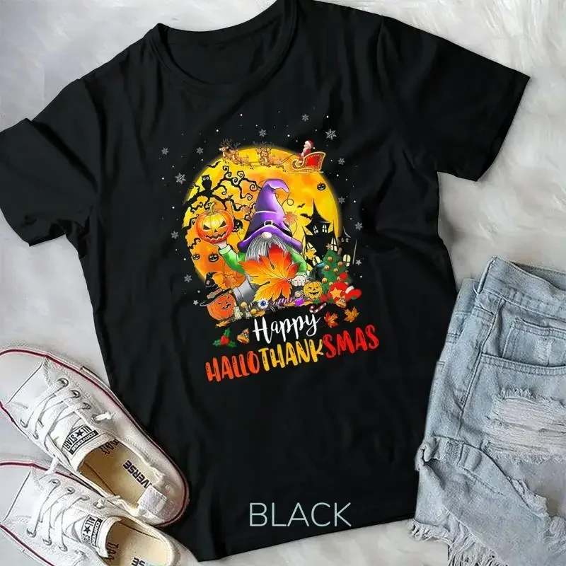 Camiseta unisex para mujer, Halloween, Acción de Gracias, Navidad, Happy HalloThanksMas