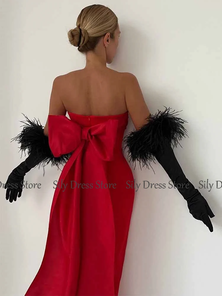 فساتين حفلات الكوكتيل النسائية الحديثة جيرسي غمد/عمود فستان عيد الحب عنابي بدون حمالات بفيونكة سبليت فساتين لحضور الحفلات الموسيقية ميدي