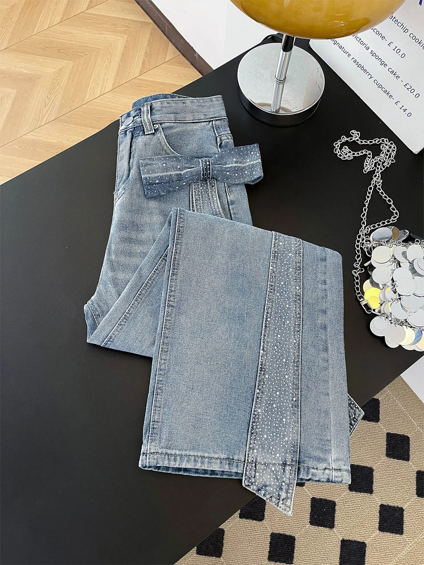 

High Waist Wide Leg Jeans Women's Summer Fashion Washed Knot Diamond Embellished Straight Cut Long Pants