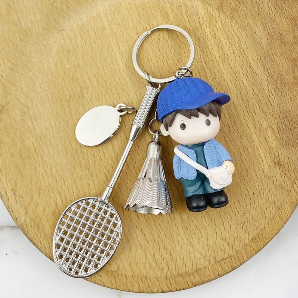 PVC Badminton Boy Keychain Badminton Bule Orange Badminton Keyring Sport Styles Cute Badminton Racket Boy Pendant Unisex