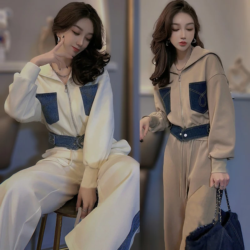 

2025 весенне-осенний винтажный повседневный джинсовый свитер, кардиган, брюки, комплект, контрастное пальто с капюшоном, комплект из 2 предметов, женский комплект