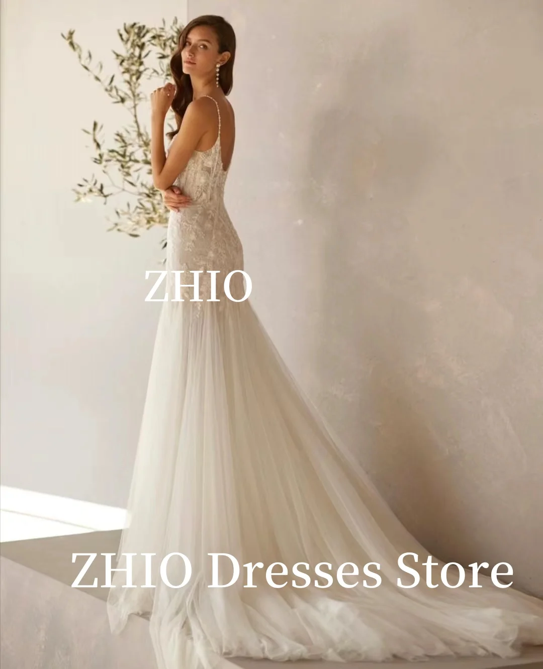 ZHIO หรูหรา Applique ชุดเดรสเมอร์เมดสปาเก็ตตี้ Tulle Ivory Sweep Train อย่างเป็นทางการชุดราตรีชุดเจ้าสาวปรับแต่ง