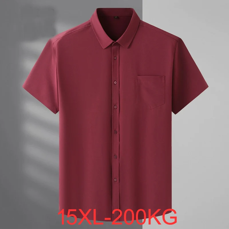 Summer Large Size 15XL Men's Short-sleeved Shirt Fat High Elastic Solid Color Shirt 12XL 11XL 10XL 9XL 8XL 7XL 15xl 200kg