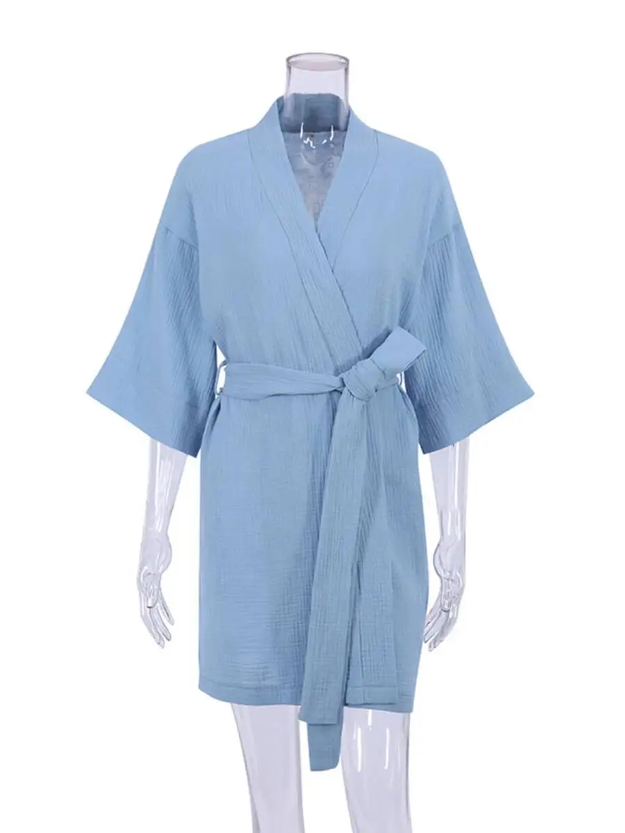 Cotton Autumn Women's New Solid Color Short Sleeved Pajamas Loose Bathrobe Casual Female Nightgown