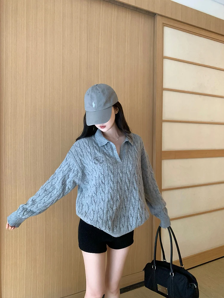 

ey Loose Knitted Sweater with Embroidered Linen Texture Street Sle Anti-soiling And Wear-resistant Long Sve Crew Ne
