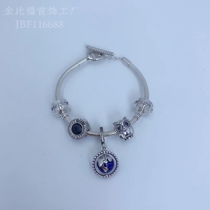 S925Sterling Silver Bracelet Earth Instrument Owl Pendant Bead Bracelet Finished ChaindiyAccessories