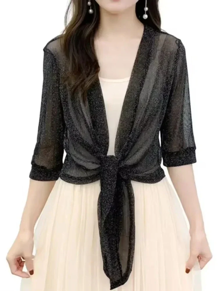 Fashion Summer Women's Sheer Glitter Lace-up Cardigan Half Sleeve Lightweight Jacket See-through Loose Blouse Women