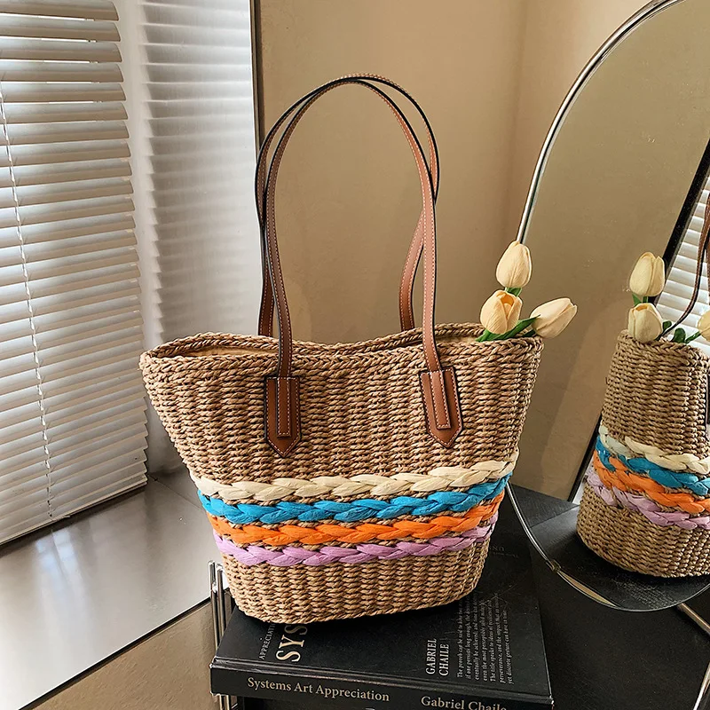 

2025 Woven Straw Tote Bag for Women Spacious Beach Shoulder Purse Artisan Market Shopper Vacation Essential