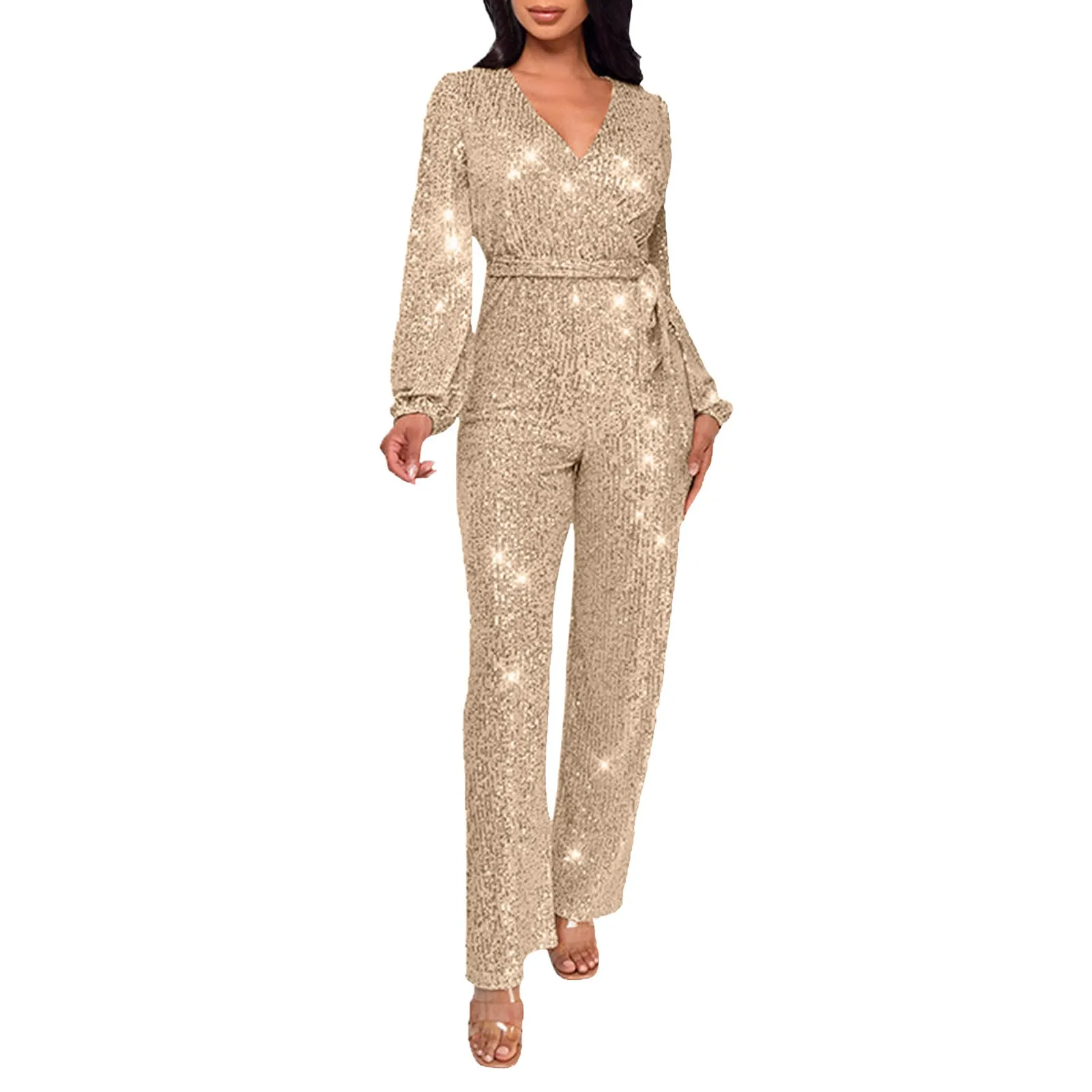 

2023 Hot Sequined Jumpsuit Young Sexy Sweet Daliy Solid Deep V-Neck Full Sleeve High Waist Women Long Boot Cut Jumpsuits