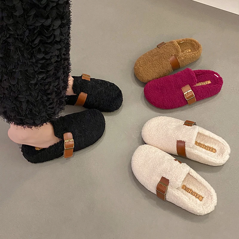 ฝาครอบ Toe Fur รองเท้าสตรีรองเท้าแตะสไลด์กลางแจ้งรองเท้า Plush สุภาพสตรีรองเท้าแตะ Flip Flops Cover Toe Plush