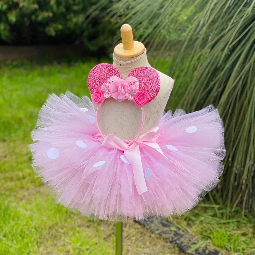 Pink Minnie Tutu Skirts Outfit for Baby Girls 100% Handmade Tulle Underskirt with White Dots Hairbow Kids Birthday Party Costume