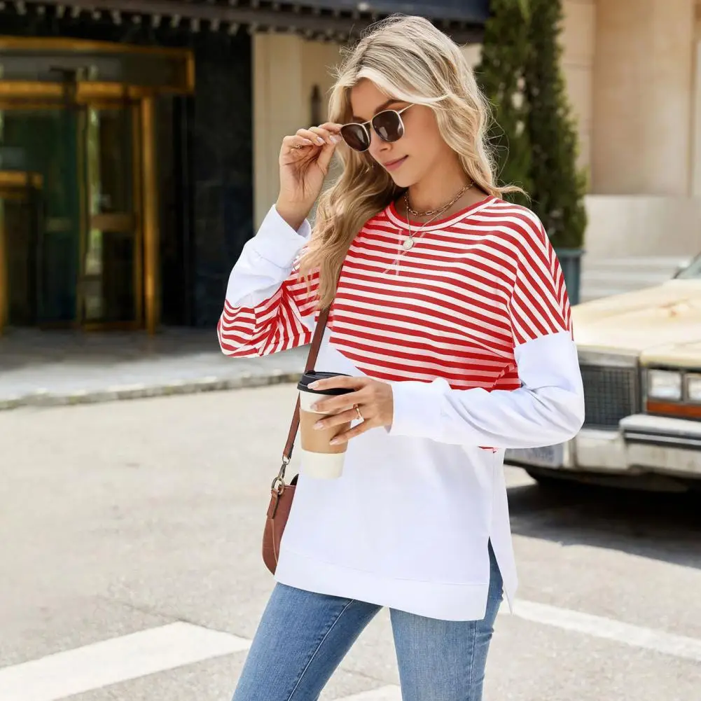 

Women Striped Top Striped Print O Neck Pullover for Women Commuting T-shirt with Long Sleeves Split Hem Spring Fall Fashion