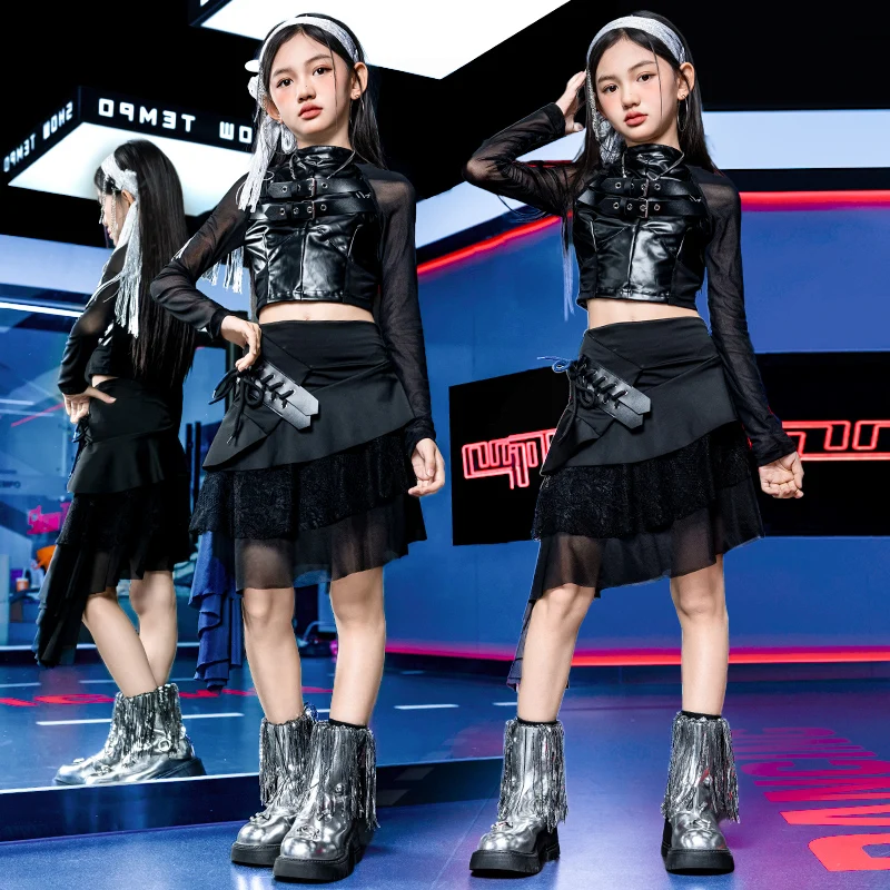 Costume de scène pour enfants, fille, hip-hop, haut et jupe en cuir patchwork, ensemble de vêtements 2 pièces, vêtements de scène pour enfants