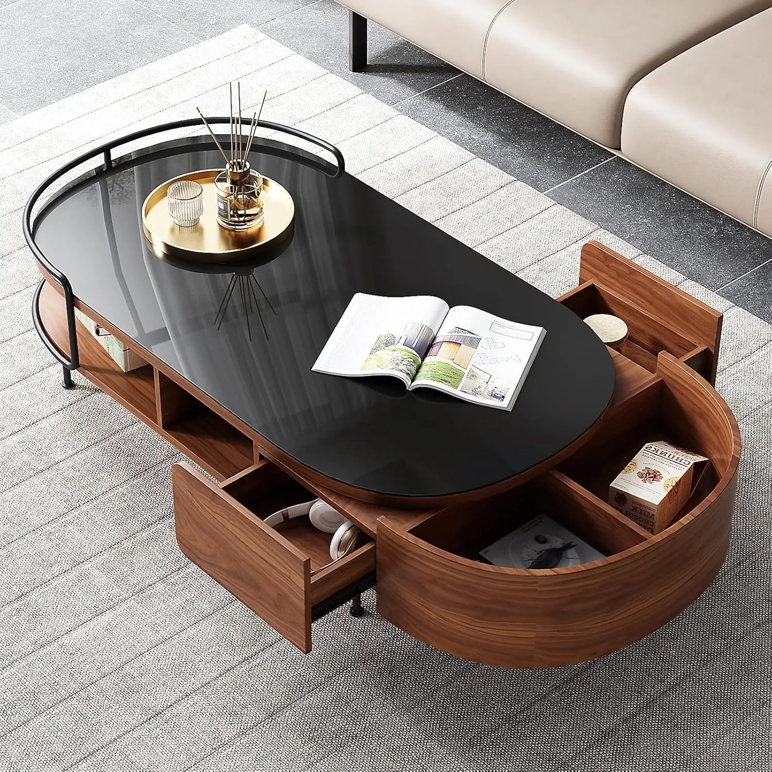 

Oval Coffee Table in Walnut Black Glass Top Coffee Table - Living Room Table with Semi-Circular Storage,Multi, Customized