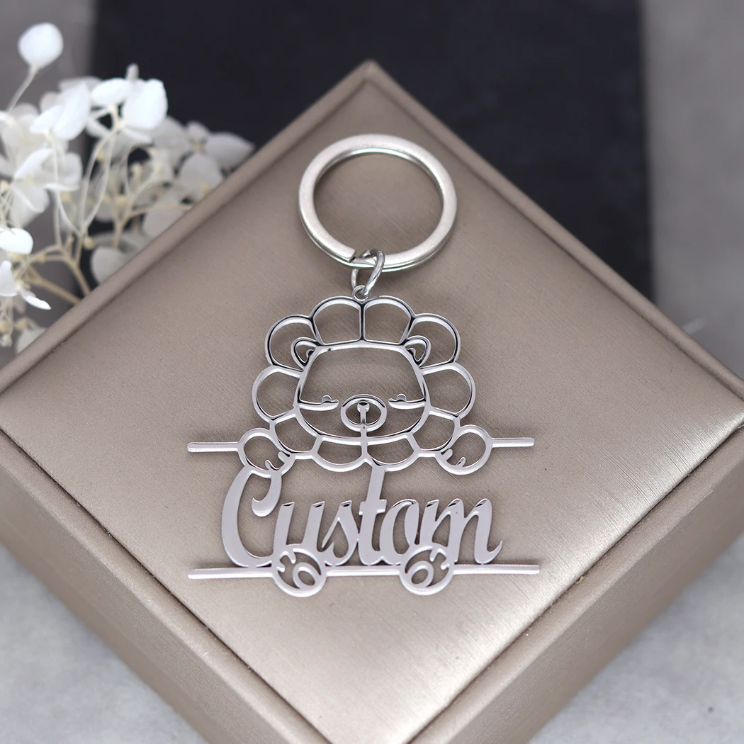 QIMING Sleeping Lion Personalized Custom Name Keychain For Men Stainless Steel Customized Animal Key Ring Jewelry Birthday Gift