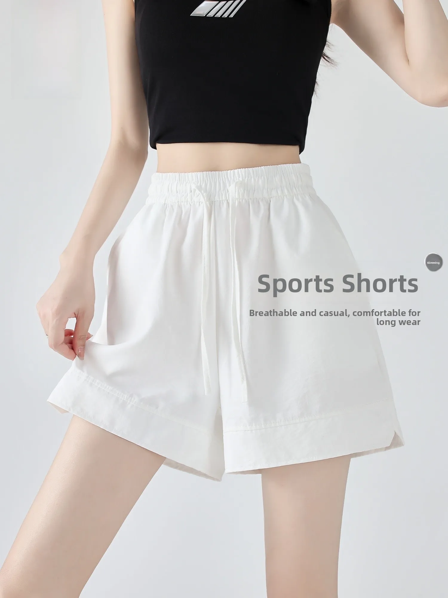 

White High Waist Fitness Sports Shorts Women Summer Thin American Running Quick Dry A-Line Ice Silk Five-Quarter Pants
