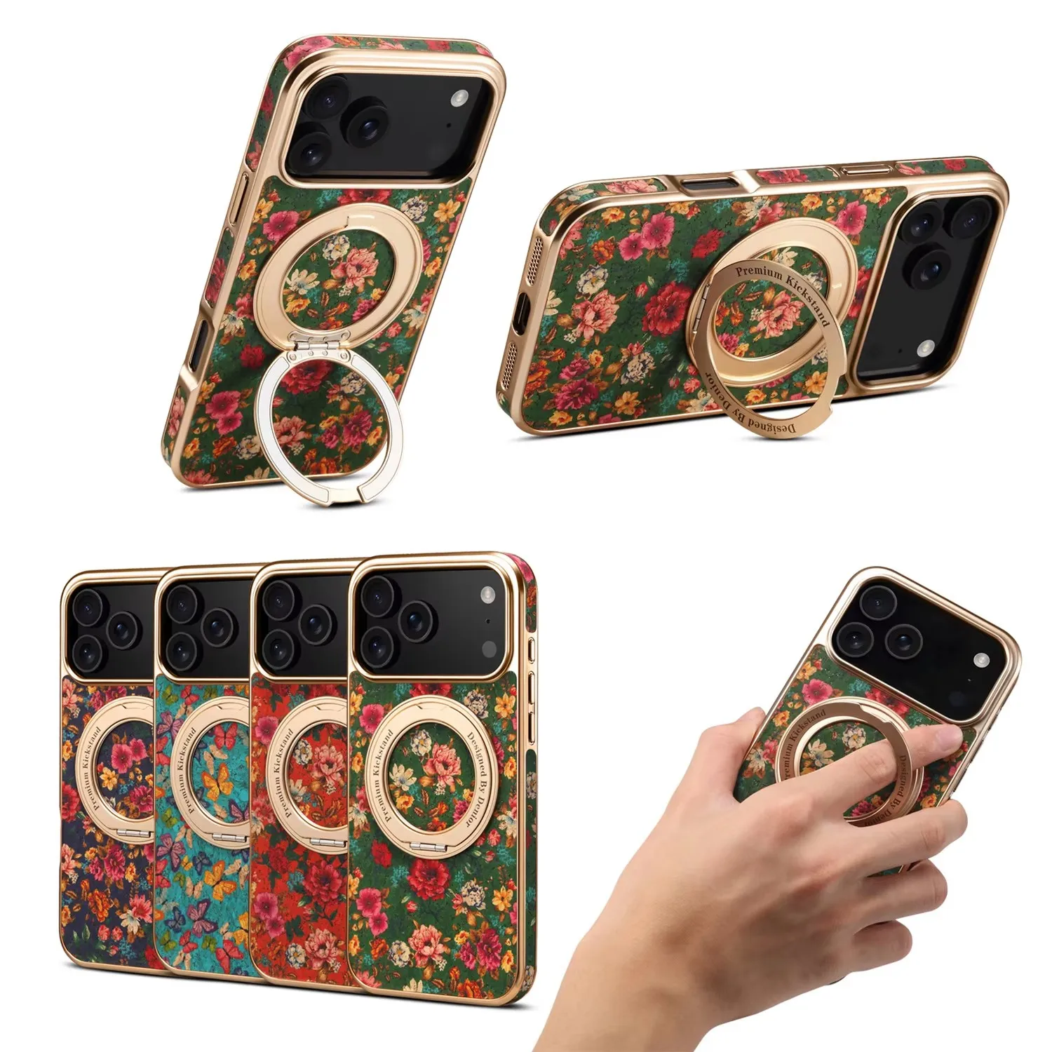 

Fashion Magsafe Ring Holder Case Flower Pattern for iPhone 17 Pro Max 13 14 Pro 15 16 Plus 17 Air Plating Wireless Charging Cove