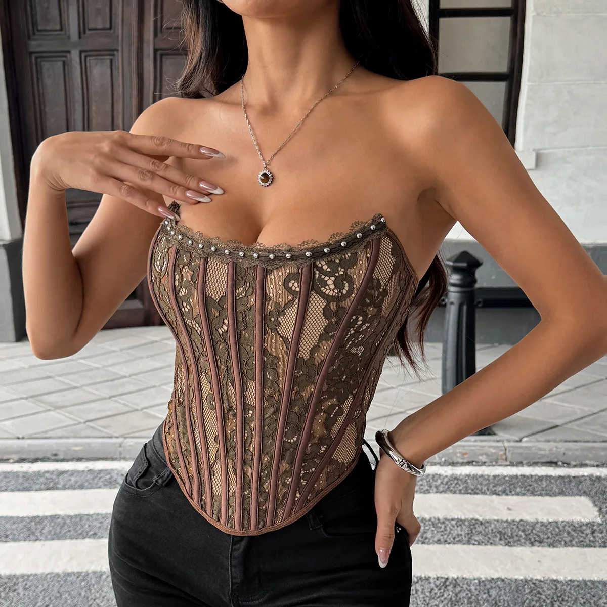 Sexy chic lace Corset Strapless Korean Camis Tank Top Basic Fashion Off Shoulder Summer Women Clothing
