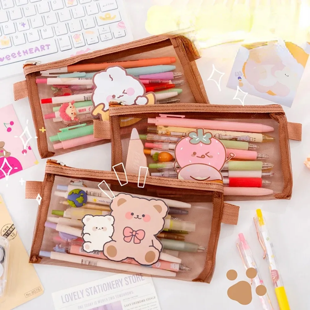 Cute Bear Pencil Case Pen Bag Transparent Mesh Package Coffee Color Storage Pouch for Stationery Office School Supplies