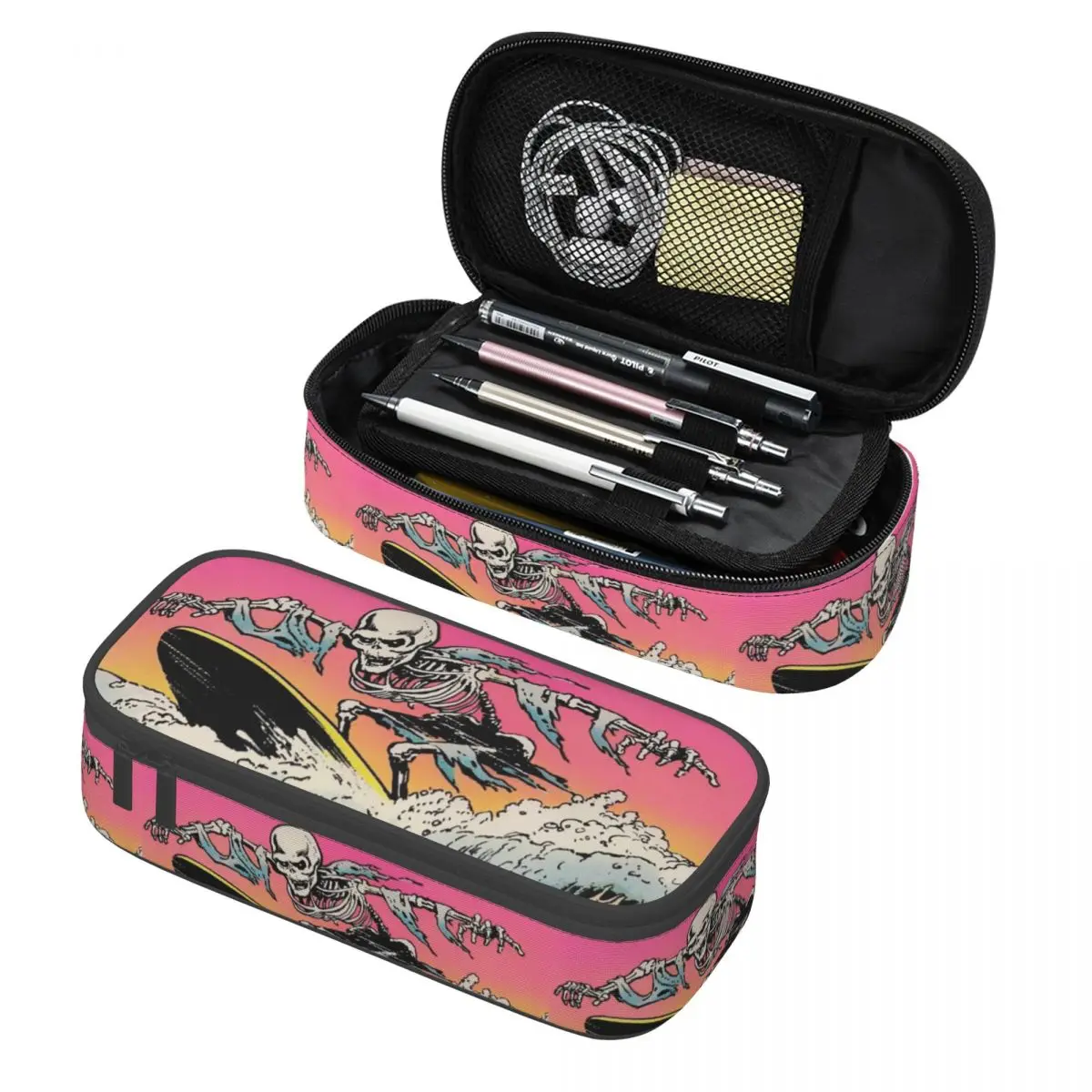 

Индивидуальные чехлы для карандашей с черепом и скелетом для серфинга для девочек и мальчиков, большая винтажная сумка для Хэллоуина, Школьные Аксессуары