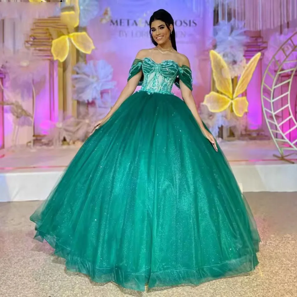 맞춤형 Vestidos De 15 Años Quinceañeras 녹색 페르시 3D 꽃 IIIusion Quinceanera 드레스 여성 미인 대회 드레스 Sweet 15 16