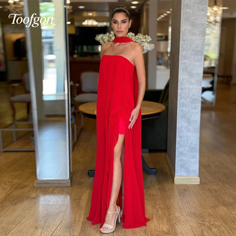 

Toofgon Simple Red Prom Dresses Customized Strapless Saudi Arabic Leg Slit Women Bridesmaid Formal Occasion Party Evening Gowns