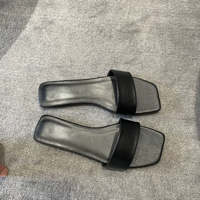 Letnia moda damska prawdziwa skóra owcza minimalistyczne slajdy buty damskie sandały płaskie kwadratowe…