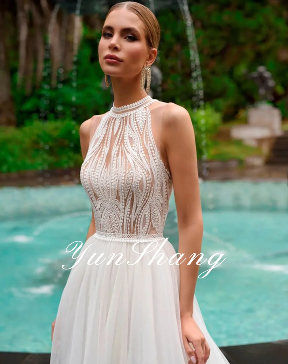 YunShang-vestido de novia de cuello alto con manga desmontable, Apliques de encaje, corte en A, cola Btton personalizada